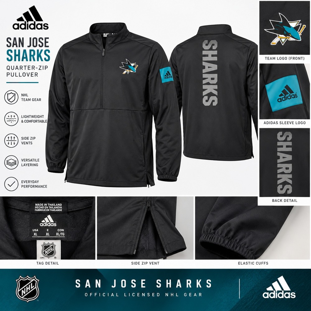Adidas San Jose Sharks Men's XL 1/2 Zip Pullover Black Hockey Windbreaker Jacket